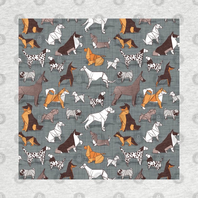 Origami doggie friends II // pattern // grey green linen texture background paper dogs by SelmaCardoso